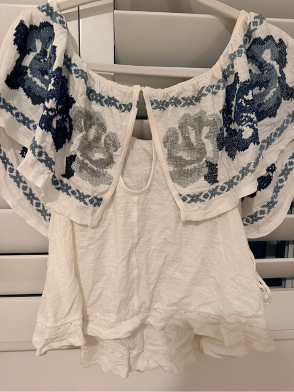 Free People White Off-Shoulder Blouse with Blue Floral Embroidery SMALL - Picture 3 of 4